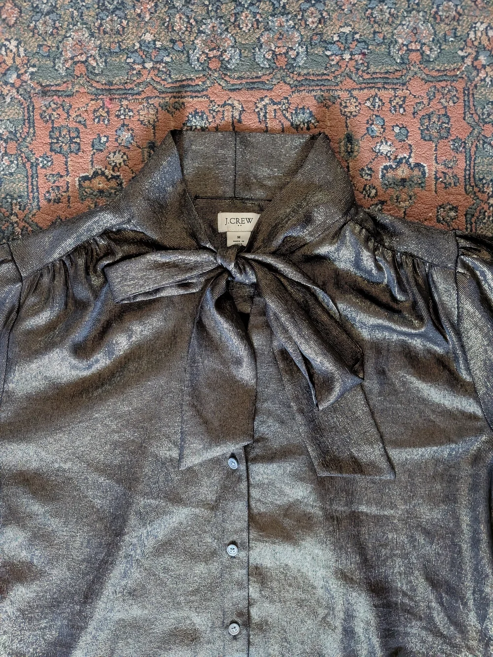 J. Crew Metallic Black Bow-Neck Blouse